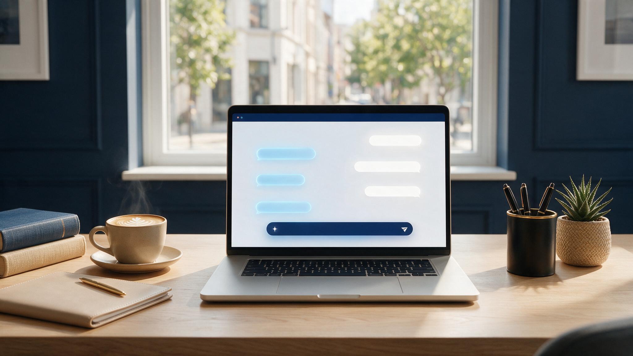 Modern law firm office desk with a laptop displaying a minimalist AI chat interface, representing compliant AI client intake