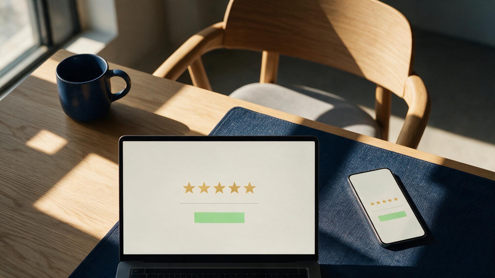 Modern minimalist office desk with laptop displaying a five-star review interface, symbolizing law firm review compliance in 2026