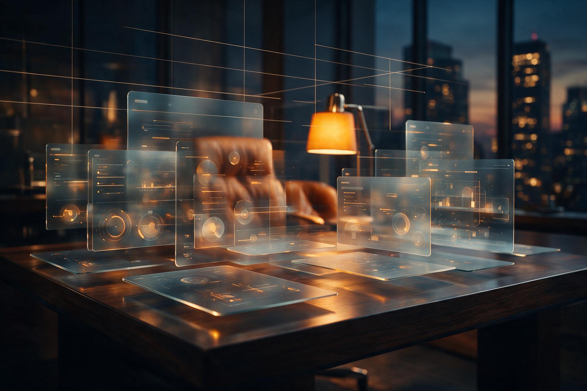 Abstract layered translucent user interface panels above a dark desk in a modern office, representing website structure and accessible design