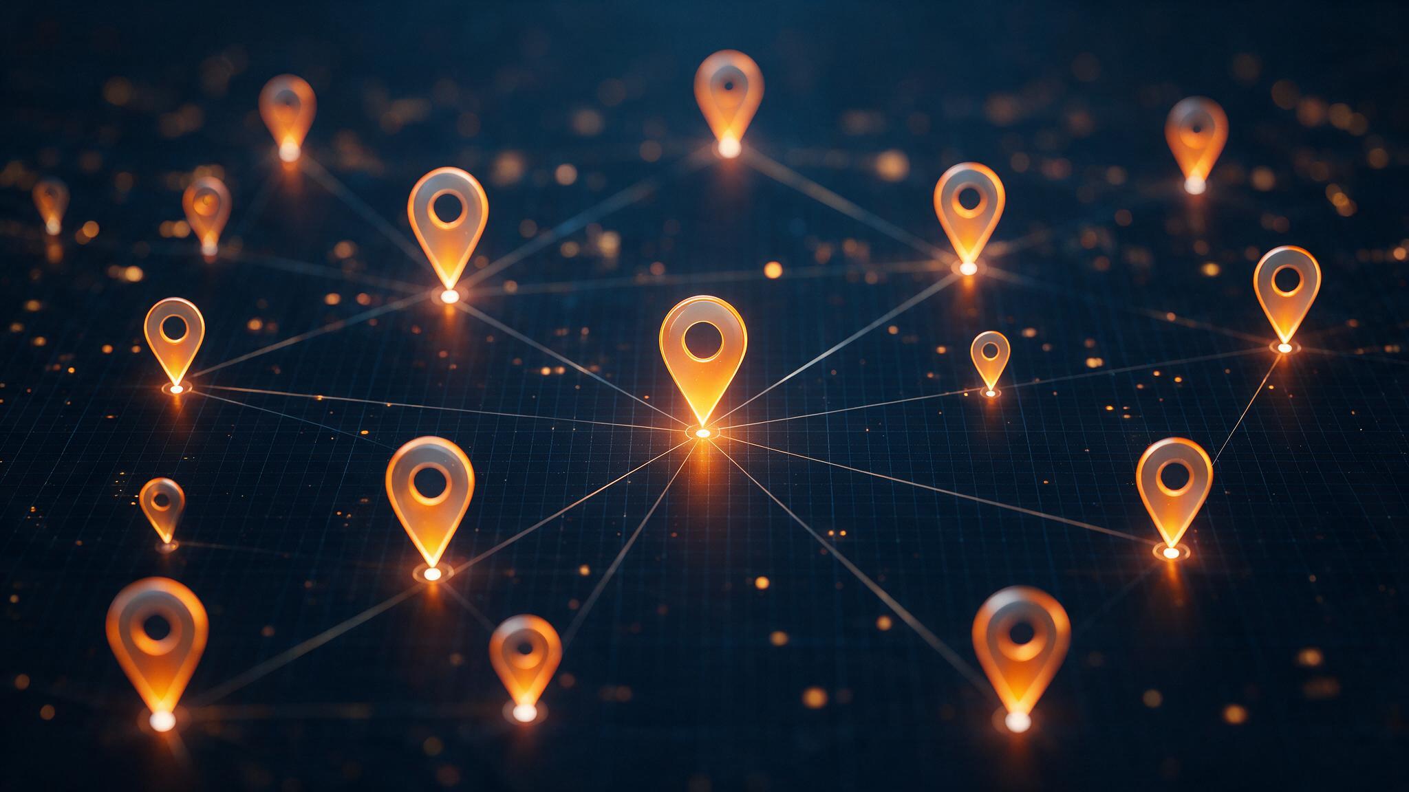 Abstract editorial illustration of glowing map pin markers connected across a dark network grid, representing local search visibility for multi-office law firms