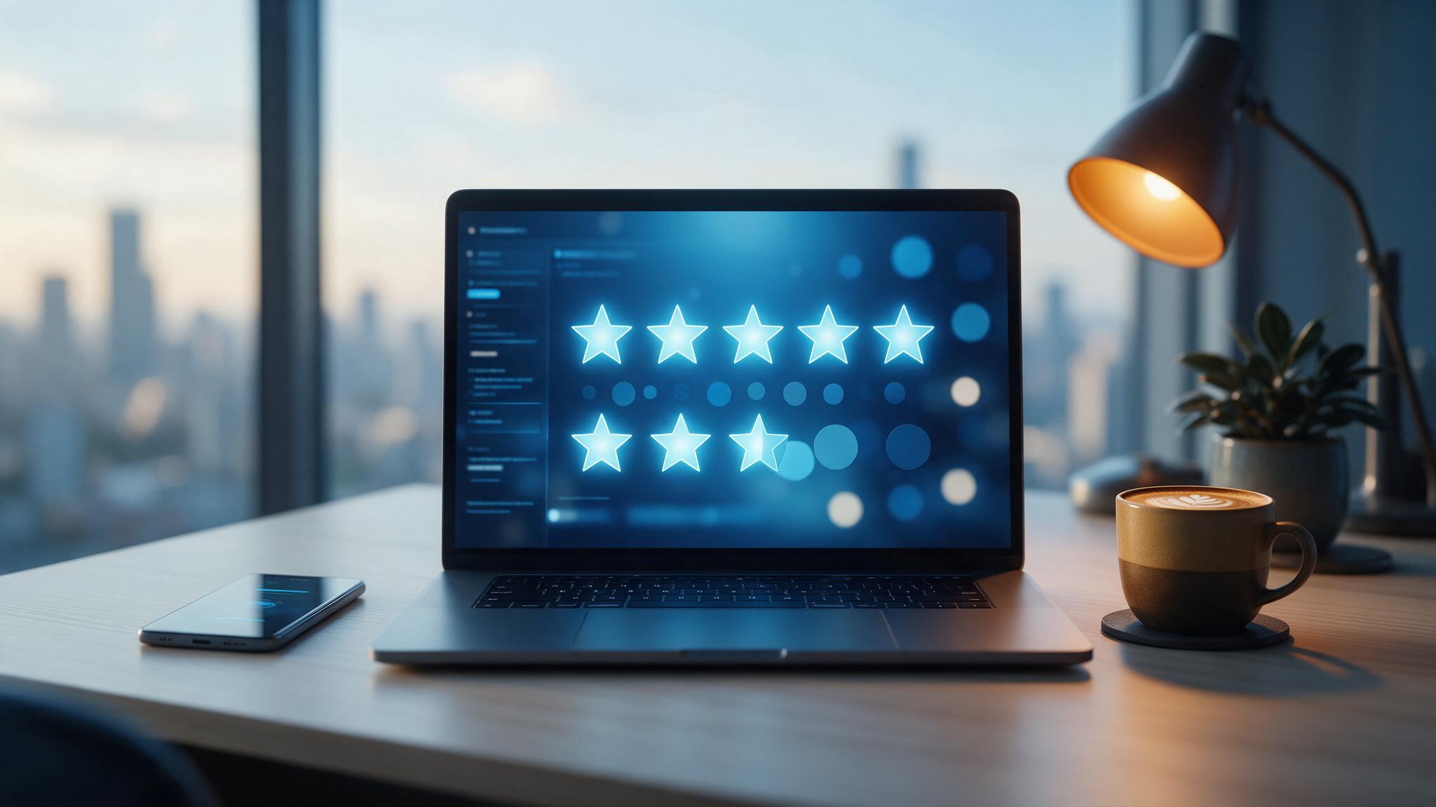 Modern office desk with laptop displaying an abstract five-star review rating and search interface, representing online reputation signals in AI-powered legal search