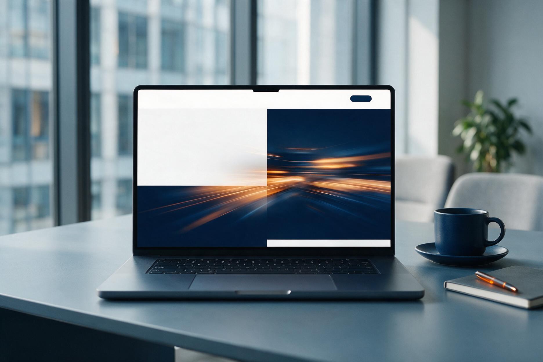 Modern office desk with laptop displaying a fast-loading website interface, symbolizing law firm website speed and Core Web Vitals performance