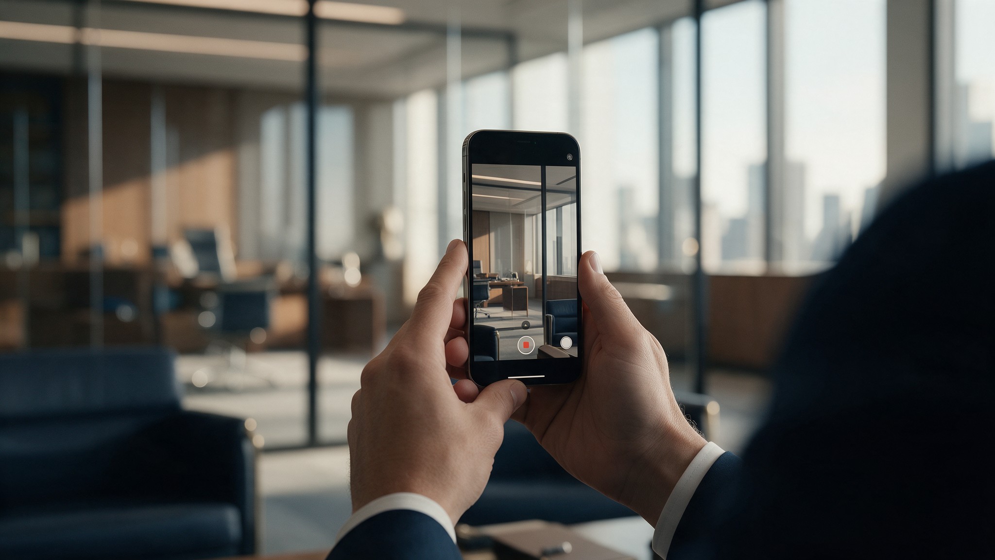Attorney recording a short-form video on a smartphone in a modern law office for social media marketing