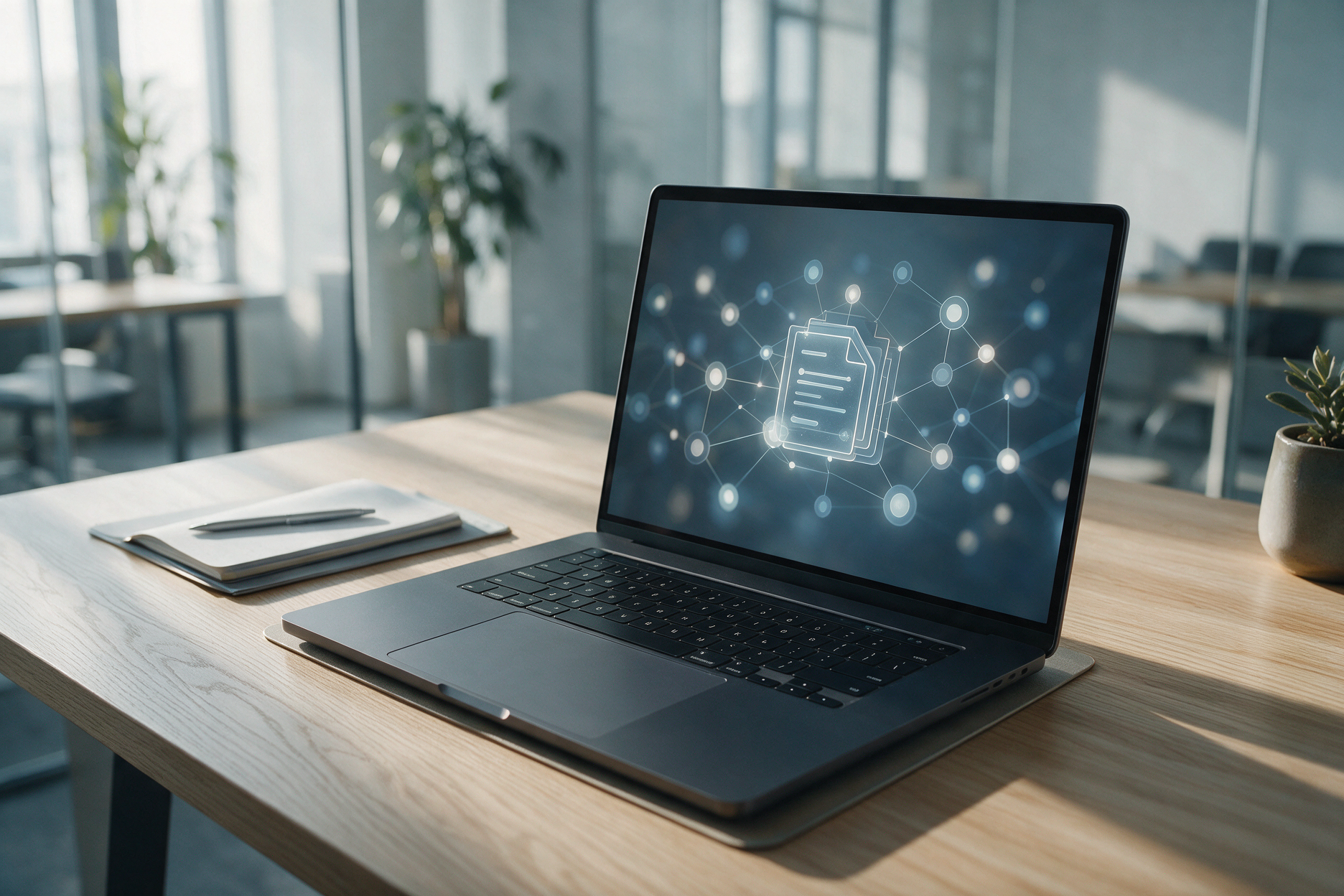 Modern office desk with a laptop displaying an abstract network of connected data nodes forming a document icon, representing structured data and schema markup for law firm websites