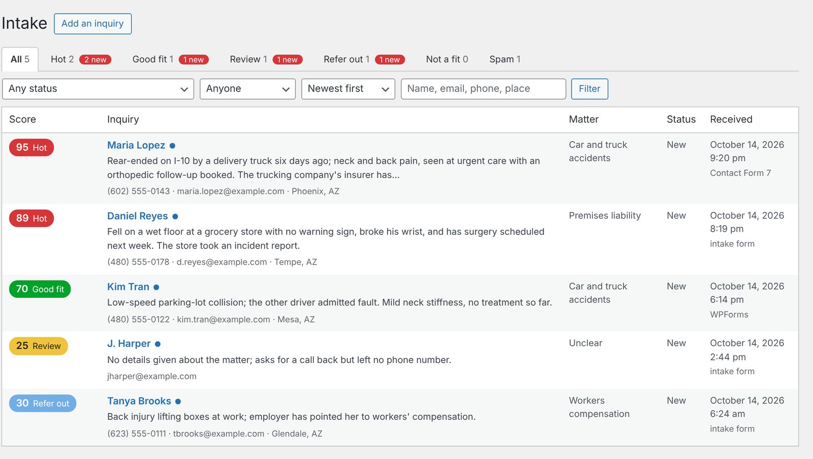 The Client Intake inbox in WordPress: inquiries ranked by score and sorted into Hot, Good fit, Review and Refer out, each with a one-line summary, contact details and where it came from.