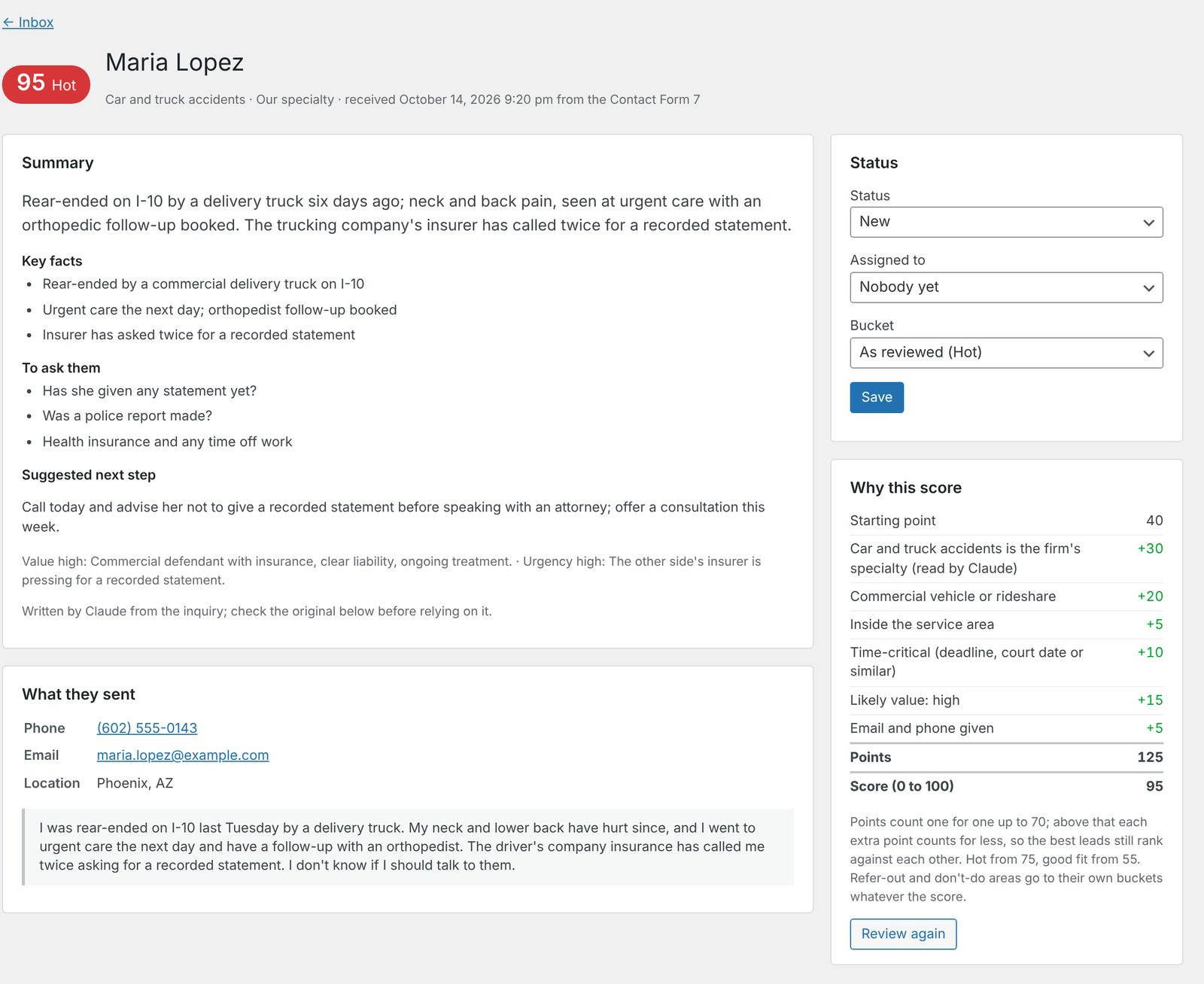 A Client Intake lead page: a summary of the matter, key facts, what to ask, a suggested next step, and the score broken down line by line to 95 points.