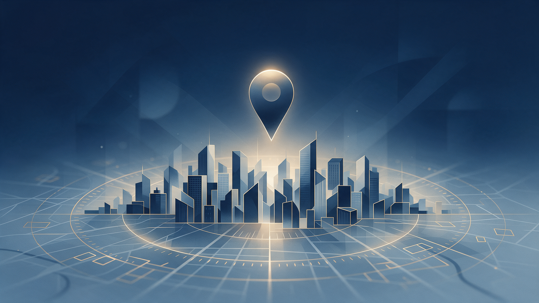 Glowing map pin above an abstract city skyline representing local search for law firms