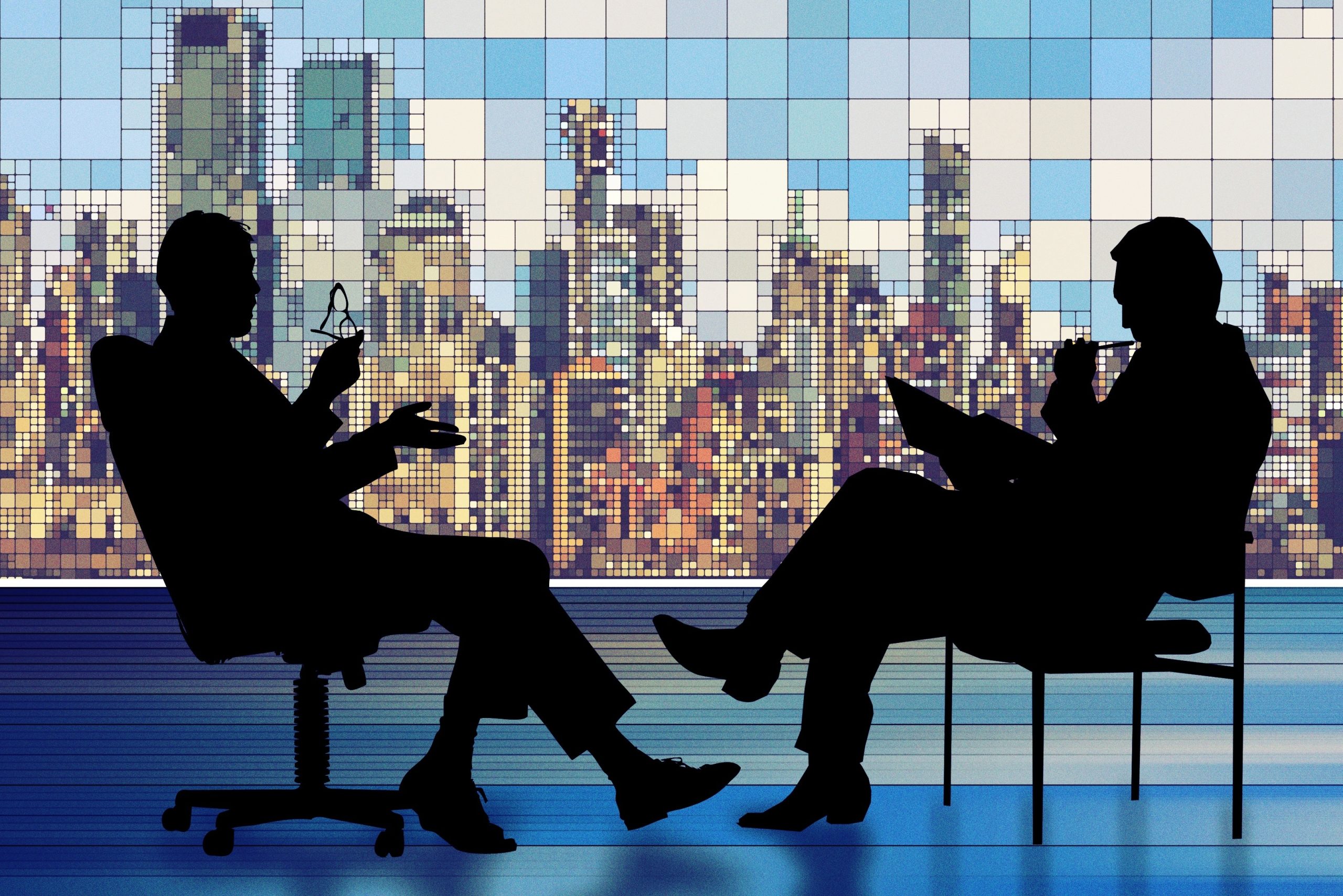 Silhouette of two attorneys in a mentorship conversation in a modern law firm office, representing associate retention and culture-driven talent development
