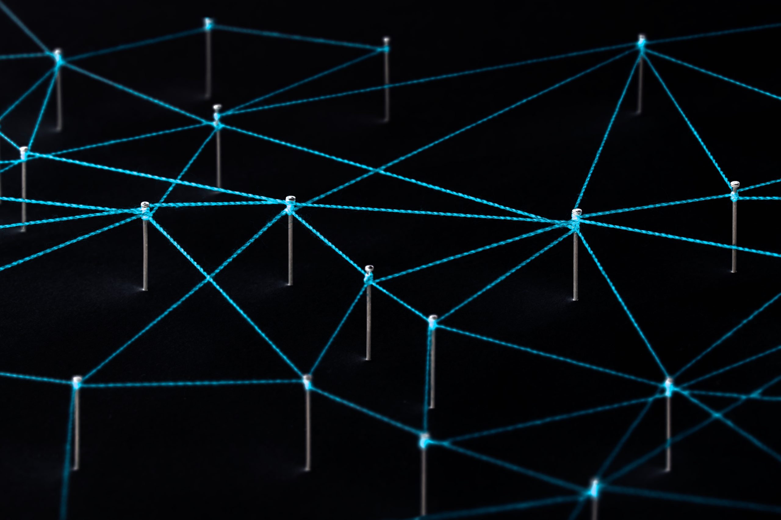 Abstract network of connected nodes representing topical content clusters for law firm SEO